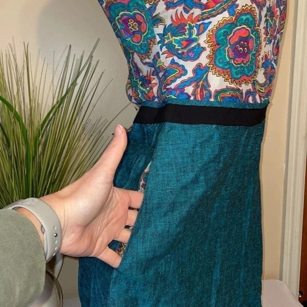 Rachel Roy women’s dress 6 small tank cutout tie back linen floral tie back teal - Picture 3 of 10